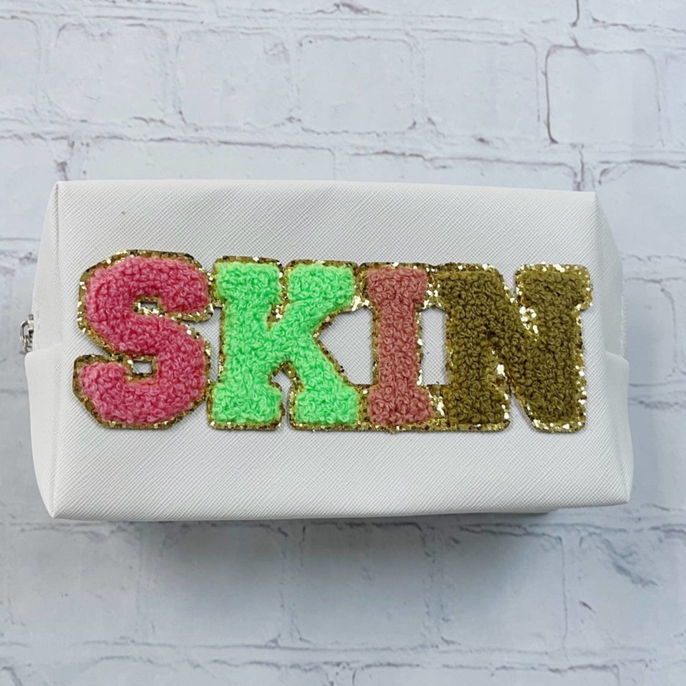 NEW preppy chenille patch “SKIN” waterproof cosmetics toiletry bag